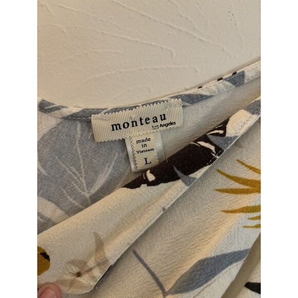 Monteau Linen Dress Large Tropical Leaves White Rust Vacation Cruise Resort - Picture 4 of 5